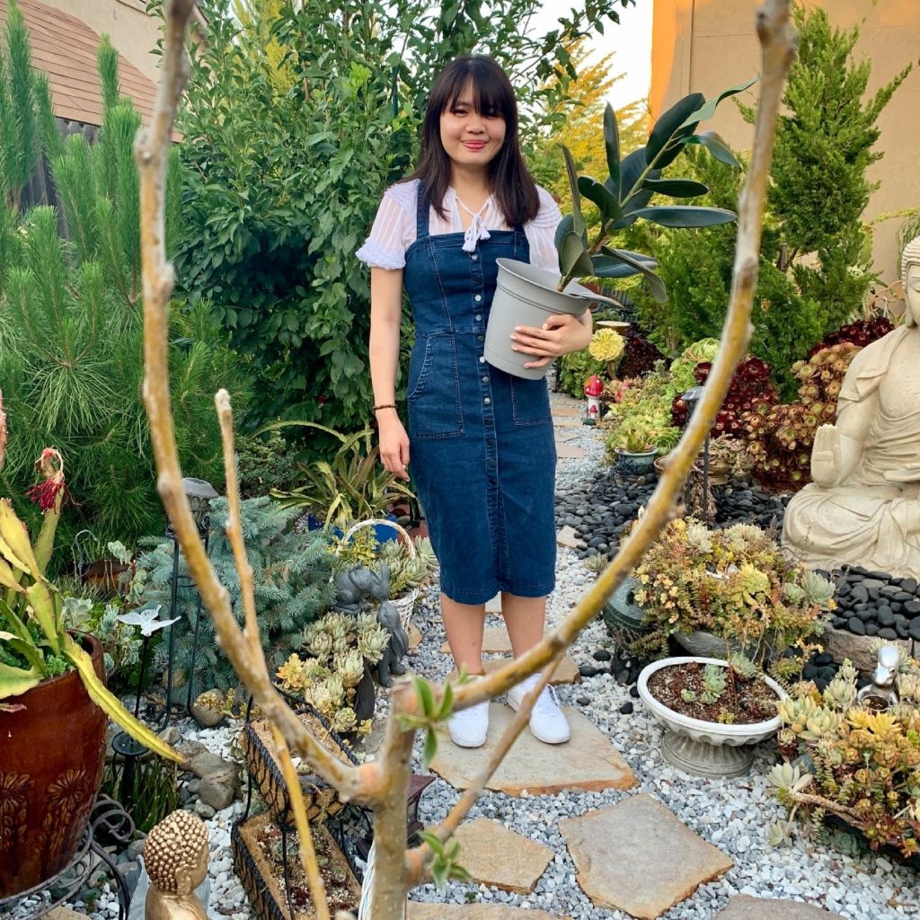 White Goodwill blouse with Goodwill denim dress