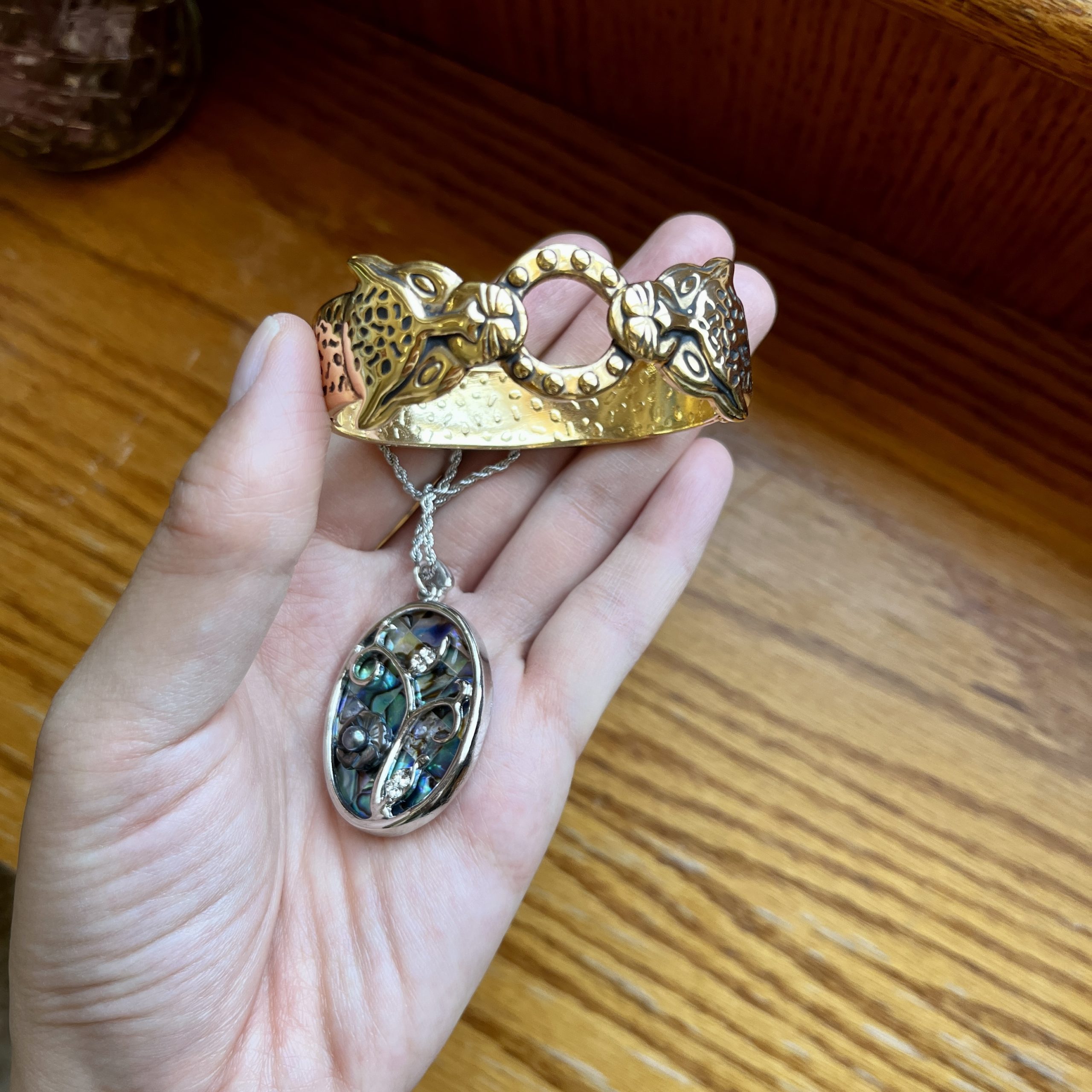 Leopard gold bangle and floral shell pendant